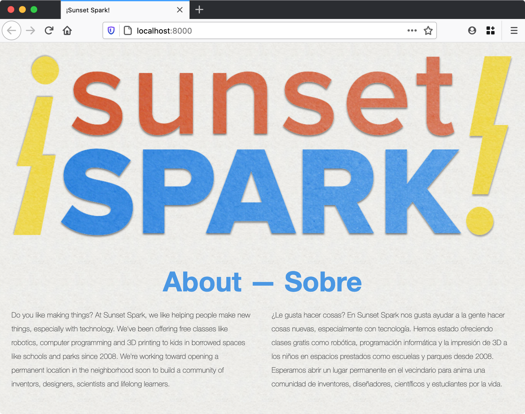 The first version of sunsetspark.org, rediscovered in old commits in the git repo.